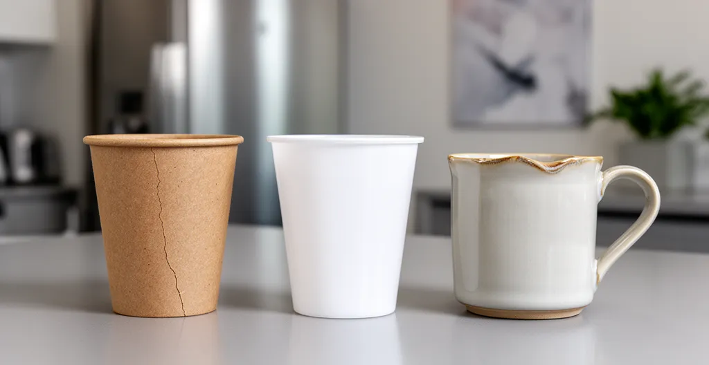 Trois types de gobelets alignés pour comparaison : carton kraft, plastique, mug céramique