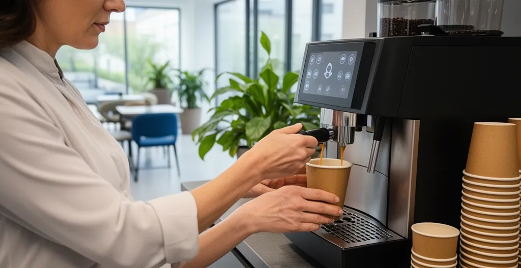 Collaborateur servant un café dans un espace de pause avec gobelets carton kraft