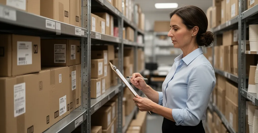 Responsable services généraux vérifiant le stock de gobelets carton en réserve