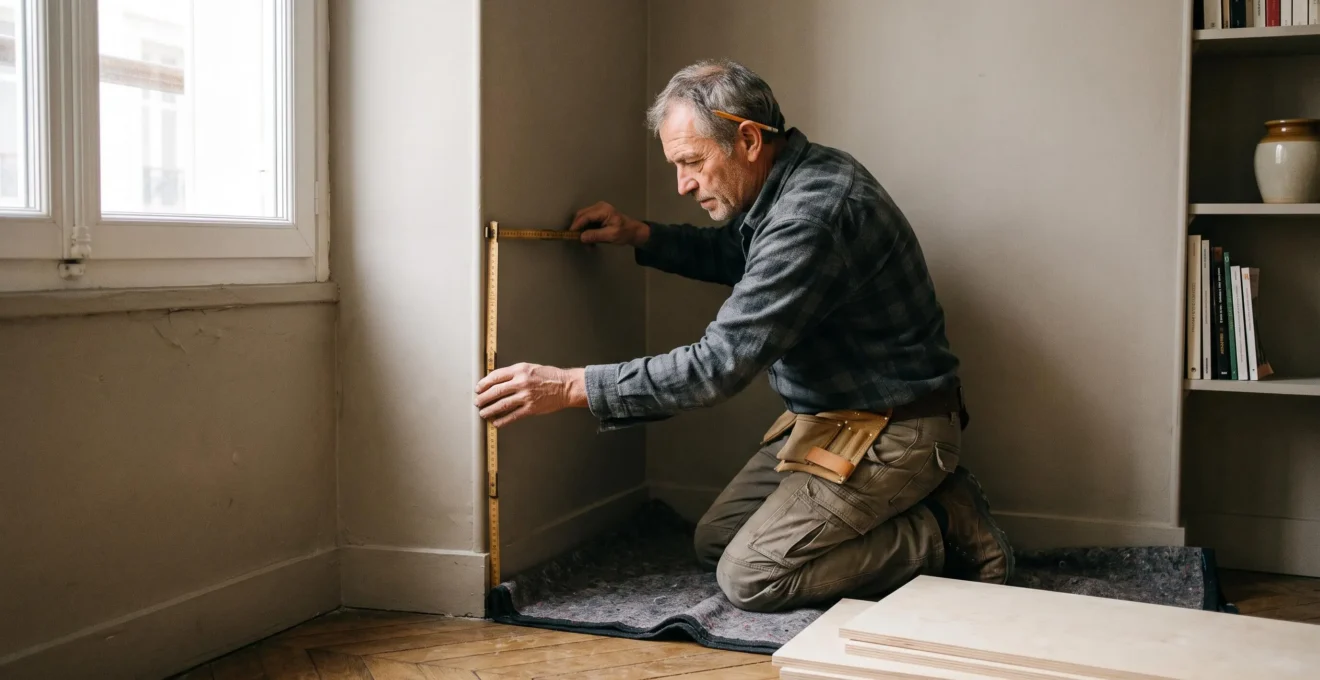 Un artisan mesure un angle de mur pour un bureau d'angle sur mesure.